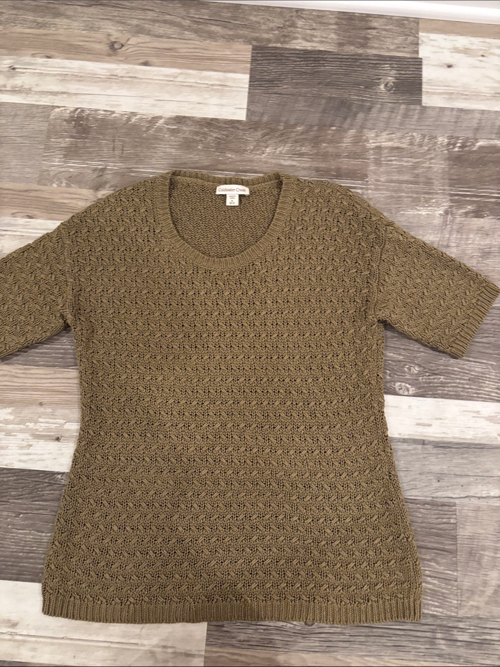 Coldwater Creek Olive Knit Short-Sleeve Crewneck Sweater